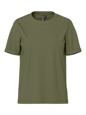 Olivo zelena majica s kratkimi rokavi, zavihanimi manšetami in okroglim izrezom, izdelana iz gladkega blaga.
