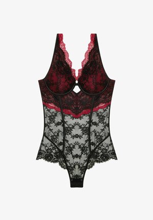 Body en dentelle noir et rouge profond, avec un motif floral, des bonnets sous-vêtus, un décolleté plongeant et des bords en dentelle festonnée.