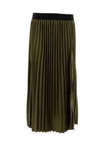 Jupe plissée vert olive avec une ceinture élastique noire. Présente un design fluide et une texture douce, se terminant juste en dessous du genou.