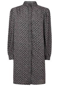 Vestido negro de manga larga con cuello, que presenta un estampado floral en rosa y blanco, y cierre frontal de botones. Fabricado en tejido ligero.