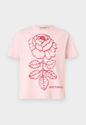 Pink cotton t-shirt featuring a large red rose print with detailed leaves. The brand name "marimekko" is in red at the bottom right.