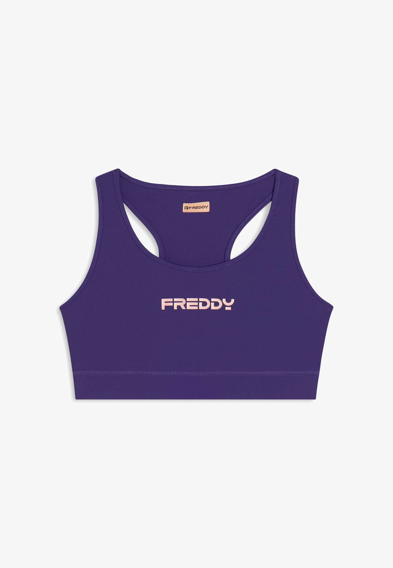 Sportivo viola con una texture liscia, caratterizzato da una base viola scuro e un logo in rosa chiaro a contrasto. Design a schiena scoperta con spalline larghe.