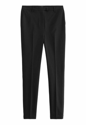 Pantalon noir en tissu lisse, avec une coupe ajustée, des plis avant et des passants de ceinture, doté de poches latérales et arrière.