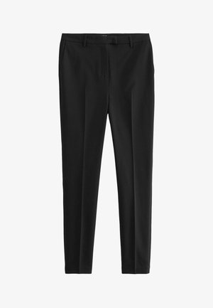 Pantaloni neri realizzati in tessuto liscio, con un taglio sartoriale, pinces frontali e passanti per la cintura, dotati di tasche laterali e posteriori.