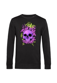 Schwarzer Sweatshirt mit langen Ärmeln, das ein farbenfrohes Grafikdesign eines Schädels zeigt, umgeben von lebhaftem pinkem und grünem Graffiti-ähnlichem Text und Akzenten.