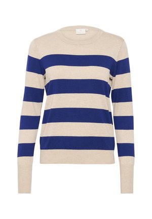Randig tröja i beige och blått. Lättviktsmaterial, rund halsringning, långa ärmar, med djärva horisontella ränder. Slät textur.
