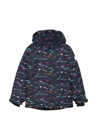 Giacca impermeabile con una base nera e un motivo geometrico di montagne nei colori rosa, arancione e blu. Include un cappuccio e tasche laterali.