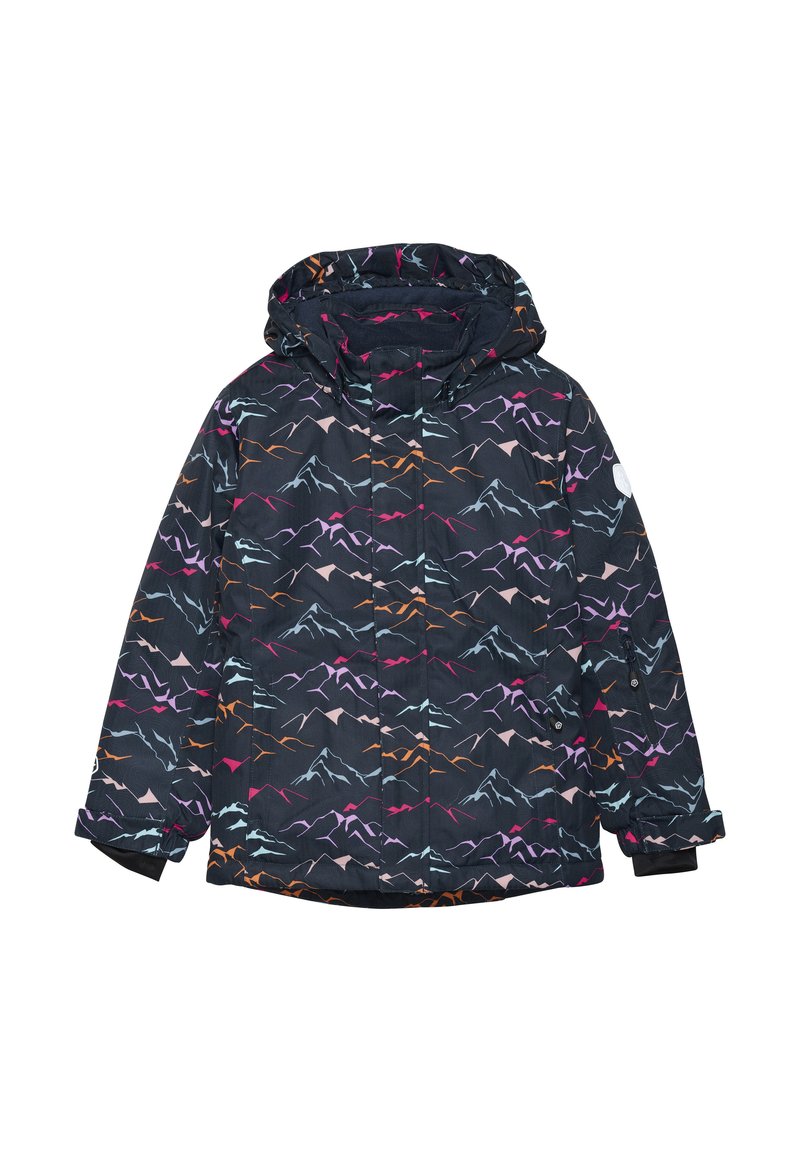 Giacca impermeabile con una base nera e un motivo geometrico di montagne nei colori rosa, arancione e blu. Include un cappuccio e tasche laterali.