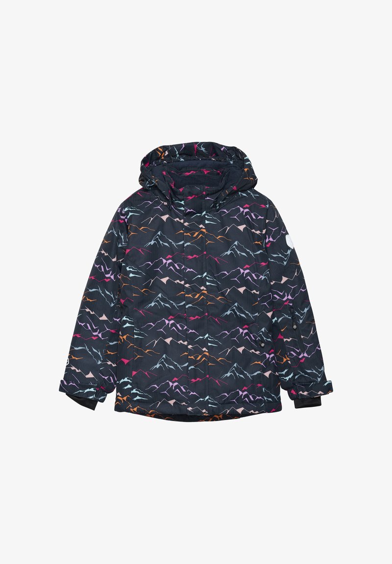 Wasserabweisende Jacke mit schwarzem Grund und einem geometrischen Bergmuster in Pink, Orange und Blau. Mit Kapuze und Seitentaschen.