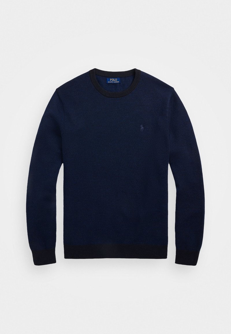 Pull bleu marine col rond avec manches longues, poignets et bas côtelés, arborant un logo Polo Ralph Lauren discret sur la poitrine.