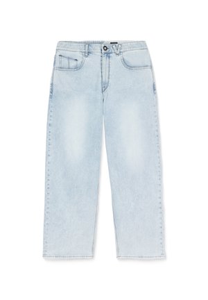 Hellblaue Denim-Jeans mit lockerer Passform, geradem Beinansatz, Fronttaschen und klassischem Knopfverschluss. Überall mit einem verblassten Textur.