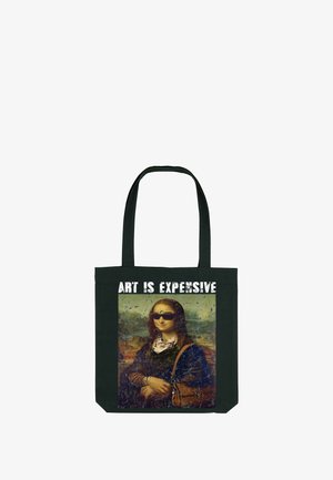 Zwarte draagtas met de Mona Lisa met een zonnebril, verwerkte textuur, "KUNST IS DUUR" in vette witte letters bovenaan gedrukt.