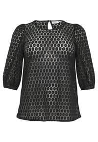 Zwarte kanten blouse met cirkelvormige uitsnijdingen, driekwart puffmouwen en een keyhole halslijn. Zachte textuur met een doorschijnende uitstraling.