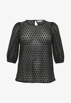 Must mustriga bluus mustast pitsist, millel on ringikujulised lõiked, kolmeveerand pikkuses puffvarrukad ja võtmeaugu kaelus. Pehme tekstuur ja läbipaistev välimus.