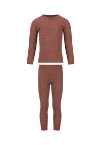 To-delt termisk sæt i en dyb rustfarve. Langærmet bluse med rund hals og tætsiddende leggings, begge lavet af et struktureret stof.
