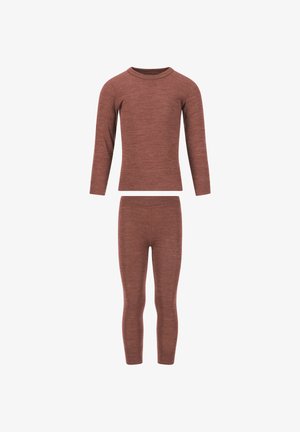 To-delt termisk sæt i en dyb rustfarve. Langærmet bluse med rund hals og tætsiddende leggings, begge lavet af et struktureret stof.