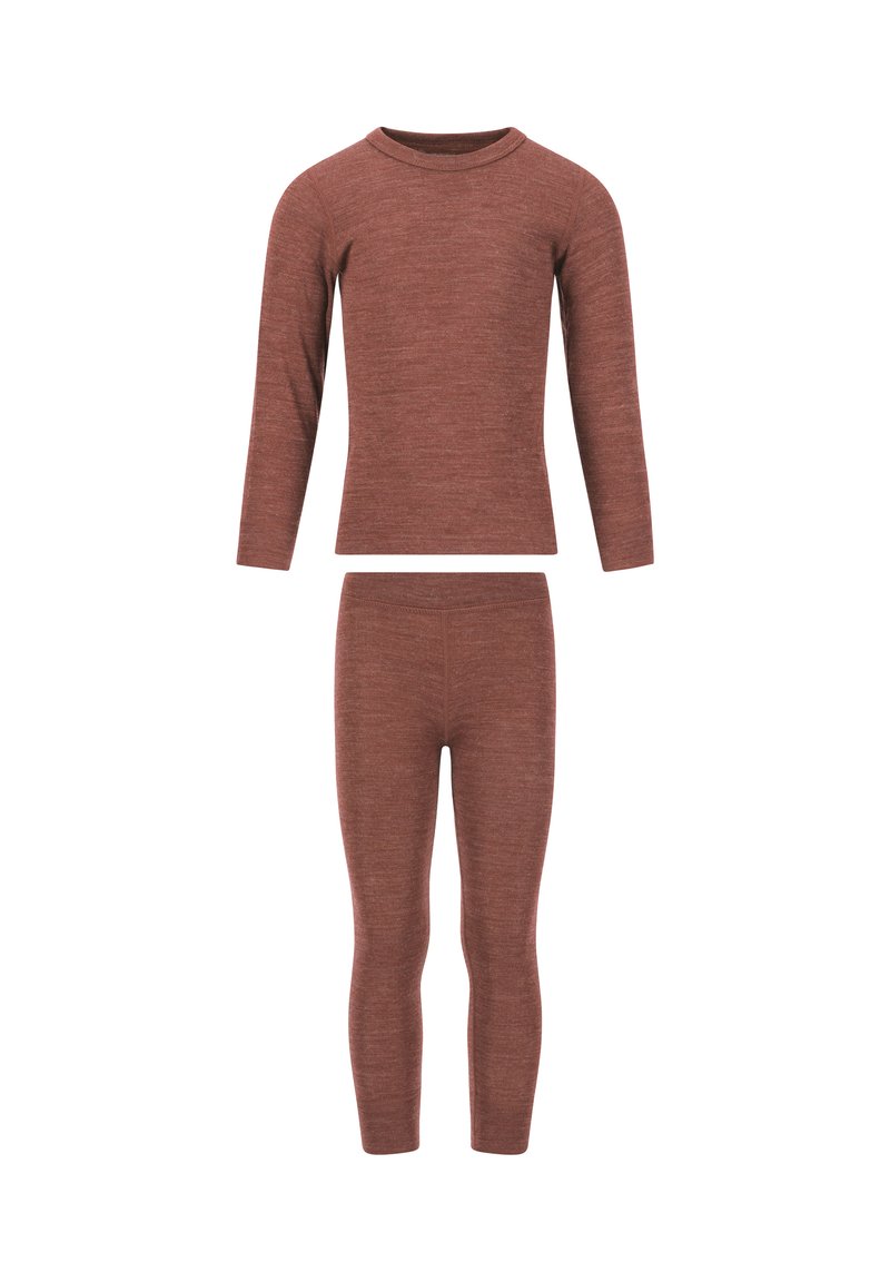 Zweiteiliges Thermo-Set in einem tiefen Rostton. Langärmliges Oberteil mit rundem Halsausschnitt und figurbetonten Leggings, beide aus einem strukturierten Stoff gefertigt.