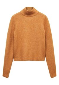 Pomarańczowy sweter z golfem, wykonany z miękkiej, strukturalnej tkaniny. Posiada długie rękawy i ściągacz u dołu, z dopasowanym krojem.