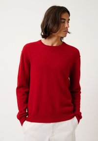 Maglione rosso lavorato a maglia con maniche lunghe, scollo rotondo e polsini a costine. Tessuto morbido con un colore uniforme e dettagli di design sottili sulle spalle.