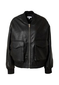 Veste bomber en cuir noir avec fermeture éclair à l'avant, deux grandes poches à rabat et col, poignets et ourlet côtelés.