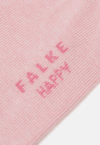 Pink cotton blend fabric featuring textured knit, with "FALKE HAPPY" embroidered in a darker pink. The design emphasizes a soft, smooth finish.