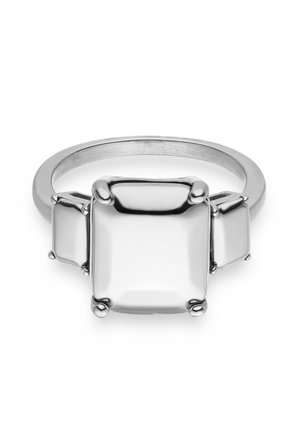 Silver ring featuring a central square stone flanked by two smaller square stones, all set in smooth prong settings.