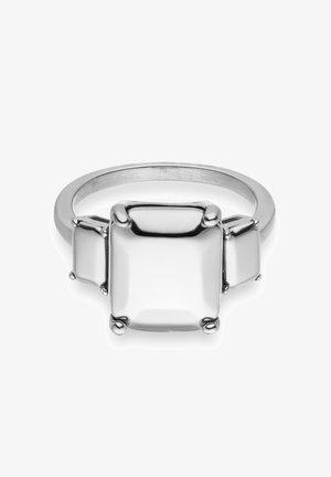 Silver ring featuring a central square stone flanked by two smaller square stones, all set in smooth prong settings.