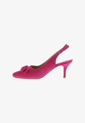 Rosa Wildleder-Slingback-Schuh mit spitzer Kappe und einer Schleifendetail. Verfügt über einen schlanken Absatz und verstellbaren Riemen zum Verschließen. Glatte Textur.