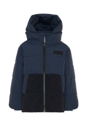 Giacca a vento imbottita blu navy con cappuccio, dotata di zip a lunghezza intera, tessuto strutturato e un design a blocchi di colore con un pannello inferiore nero e una toppa con logo.