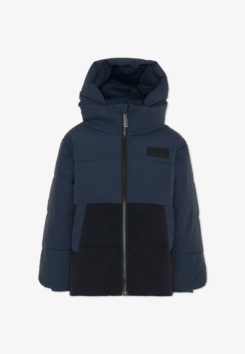 Granatowa kurtka puchowa z kapturem, z pełnym zamkiem błyskawicznym, teksturowanym materiałem oraz wzorem w kolorze blokowym z czarnym dolnym panelem i naszywką z logo.