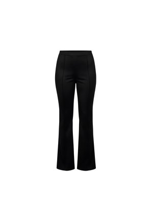 Pantalones negros de talle alto con piernas acampanadas y detalles en la costura frontal, diseñados para un ajuste ceñido y un estilo moderno.