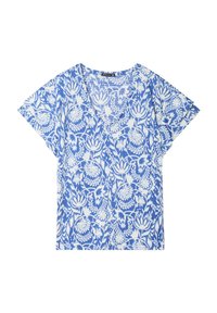 Blouse met blauw en wit bloemmotief, een V-hals, korte mouwen en een losse pasvorm. Gemaakt van lichte stof met een gestructureerde uitstraling.