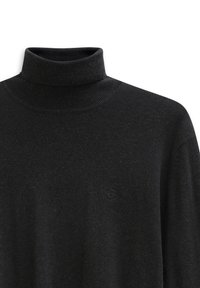 Schwarzer Rollkragenpullover aus weichem Strickmaterial, mit einem gerippten Kragen und einem kleinen gestickten Logo auf der Brust.