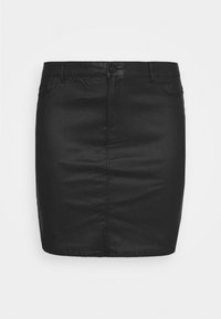Zwarte denim rok met een strakke pasvorm, knoopsluiting aan de voorkant en subtiele stikseldetails. Glad oppervlak en lengte tot boven de knie.