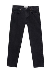 Jeans in denim nero a vestibilità rilassata, con cinque tasche, rivetti in rame e una finitura del tessuto lavorata.