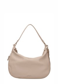 Beige leren schoudertas met een gebogen vorm, enkele schouderriem en ritssluiting. Voorzien van subtiele merkdetails aan de voorkant.