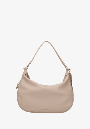 Borsa a tracolla in pelle beige dalla forma curva, con una singola tracolla e chiusura con cerniera. Presenta una discreta marcatura sul davanti.