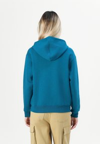 Teal hoodie with a loose fit, adjustable drawstring hood, and ribbed cuffs, paired with light beige cargo pants featuring side pockets.
