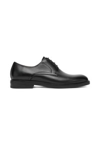 Black leather men's oxford shoe with closed lacing, low heel, and smooth polished finish, shown in side profile on white background.