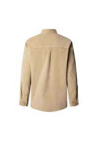 Camicia di velluto a coste beige, maniche lunghe, colletto, dettaglio con piega sul retro, polsini con bottoni, texture liscia, design semplice, senza fantasie o loghi.