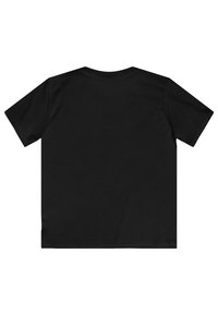 Camiseta negra de manga corta con cuello redondo y corte recto. Textura de tela suave, sin patrones ni acentos visibles.