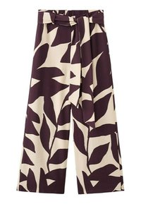 Pantaloni cu croială largă, talie înaltă, model abstract de frunze în nuanțe de mov închis și bej, cu o curea asortată din același material legată în față.