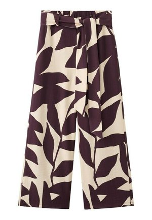 Hlače širokih hlačnic z visokim pasom, v globoki vijolični in bež abstraktni vzorec listov ter z ujemajočim se pasom iz istega blaga, vezanim spredaj.