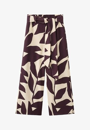 Hlače širokih nogavica s visokim strukom, tamnoljubičastim i bež apstraktnim uzorkom listova te remenom od istog materijala vezanim sprijeda.