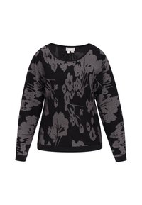 Maglione lungo nero a maniche lunghe con motivo floreale metallico argento, scollo rotondo e orlo aderente. Tessuto morbido con un aspetto texturizzato.