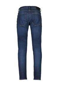 Dunkelblaue Denim-Skinny-Jeans mit glatter Textur, kontrastierenden Nähten und zwei Gesäßtaschen, mit einem schwarzen Bund-Patch.
