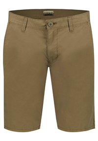 Shorts in cotone marrone con chiusura a bottone, tasche laterali e un taglio dritto. Presentano cuciture sottili e un design classico e versatile.