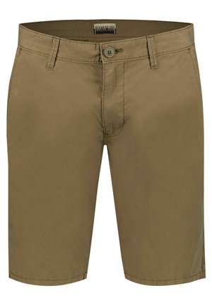 Shorts in cotone marrone con chiusura a bottone, tasche laterali e un taglio dritto. Presentano cuciture sottili e un design classico e versatile.