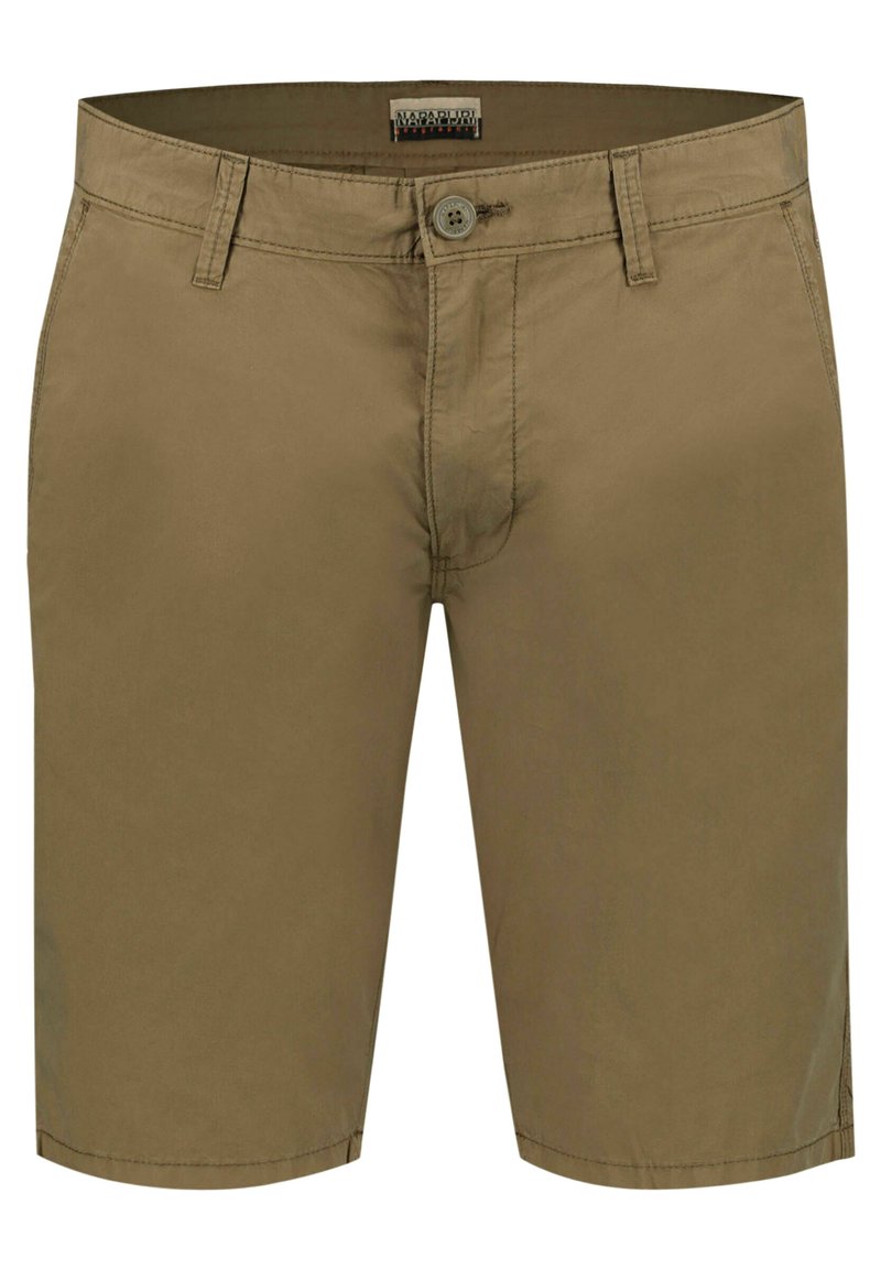Shorts in cotone marrone con chiusura a bottone, tasche laterali e un taglio dritto. Presentano cuciture sottili e un design classico e versatile.