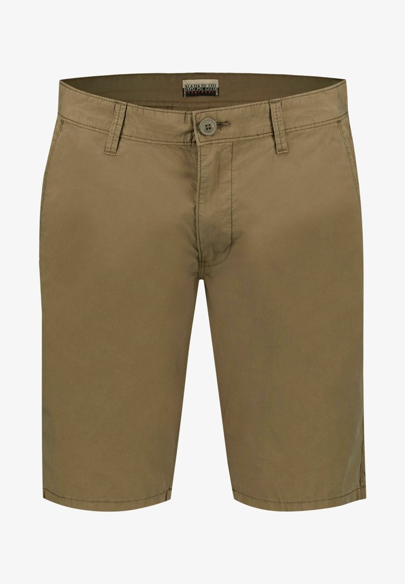 Shorts in cotone marrone con chiusura a bottone, tasche laterali e un taglio dritto. Presentano cuciture sottili e un design classico e versatile.